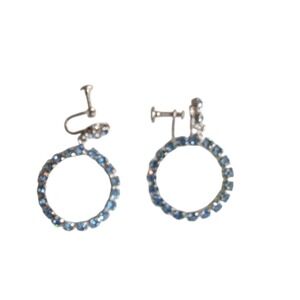 Vintage Light‎ Blue Rhinestone Hoop Screw Back Earrings Silver Tone Dangle